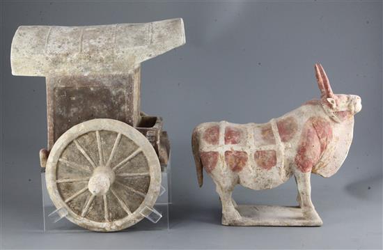 A large Chinese polychrome painted pottery model of an ox and cart, Northern Qi dynasty (549-577AD), approx length 55cm, height 34cm, m